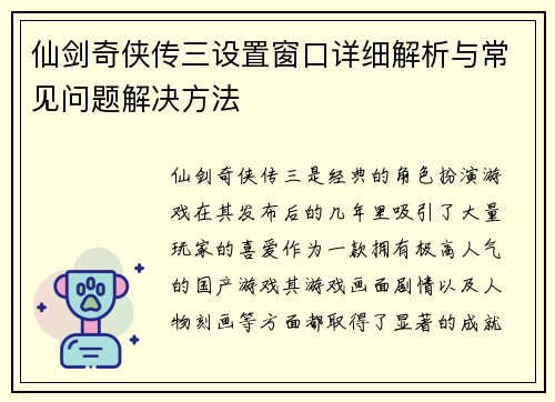 仙剑奇侠传三设置窗口详细解析与常见问题解决方法